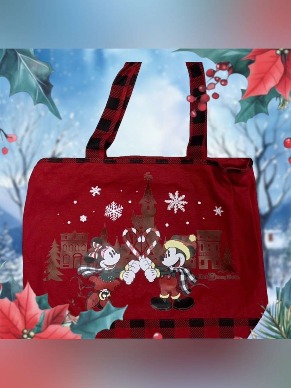 Disney Parks Mickey & Minnie Christmas Tote Bag Red Buffalo Plaid Holiday Bag